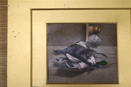 William Cruickshank (1841-1922), gouache on ivorine plaque, three miniature studies of dead game birds, 12.5cm x 10.5cm (largest)